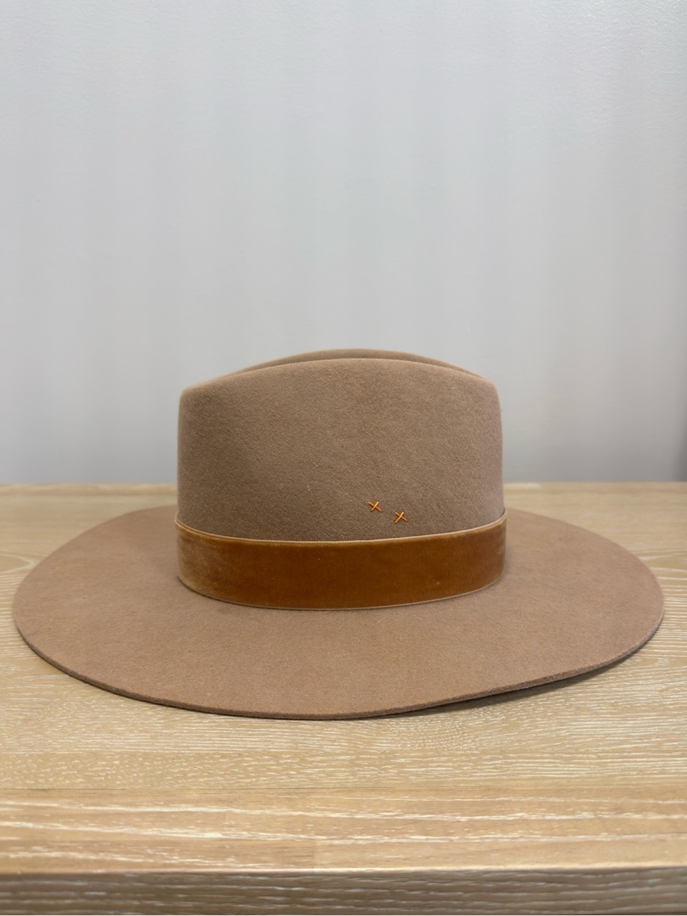 Wide Brim 100% Australian Wool Fedora Hat in Camel with Suede Band | Size Small